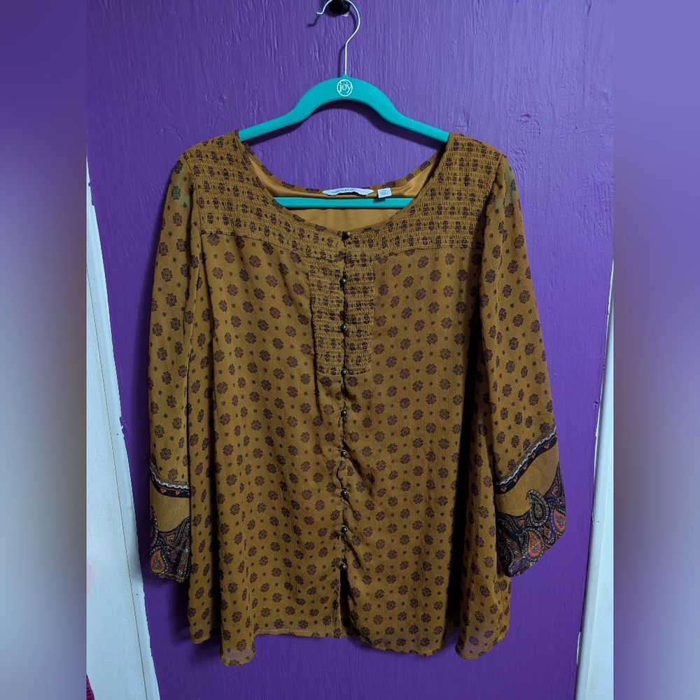 💜 Isaac Mizrahi Brown Paisley Floral Button Down Blouse 2X 18 20